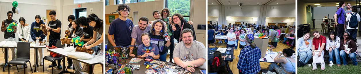 Groups of people engaged in activities: crafting at tables, gathering in a large room, and posing outside, some holding colorful items.