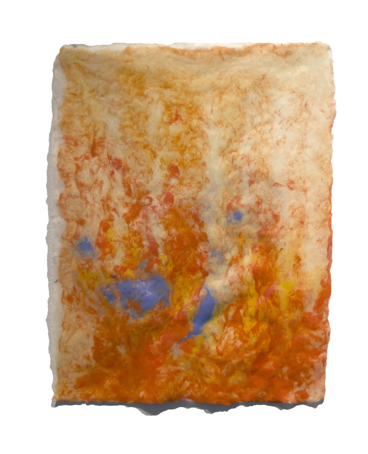 Abstract artwork with swirling orange, blue, and red hues on a textured surface.
