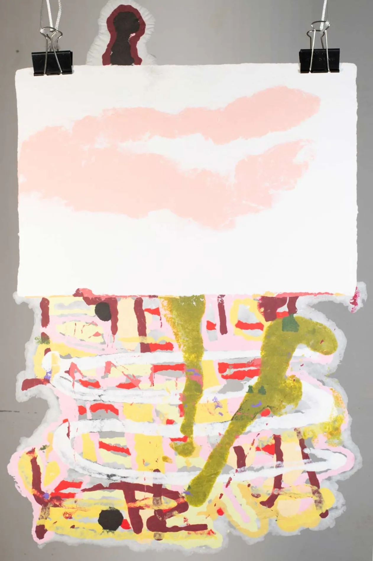 Abstract art with a white sheet clipped at the top, featuring pink, yellow, and green patterns on a multicolored background.