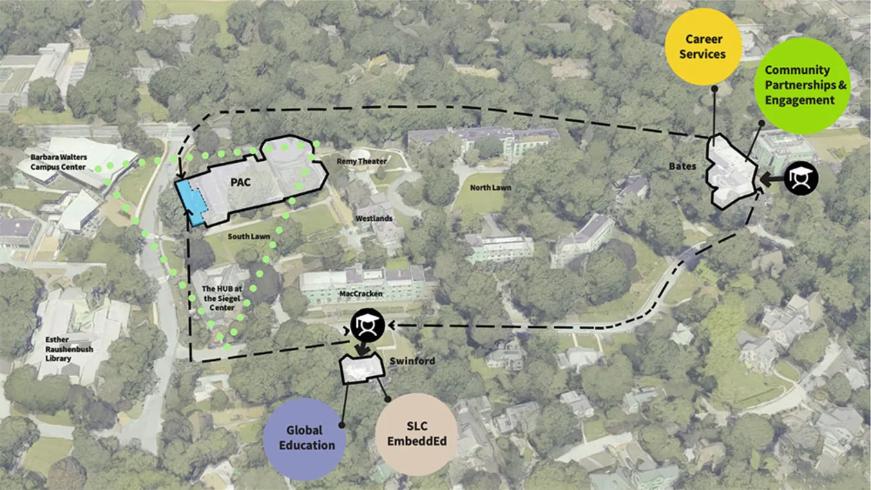 Campus map with labeled buildings and paths including PAC, Bates, Swinford, and areas for Career Services and Global Education.