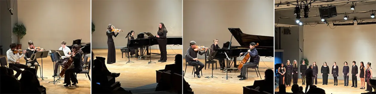 Four-panel image of musicians performing on stage with various instruments, including strings and piano, and a choir singing under stage lights.