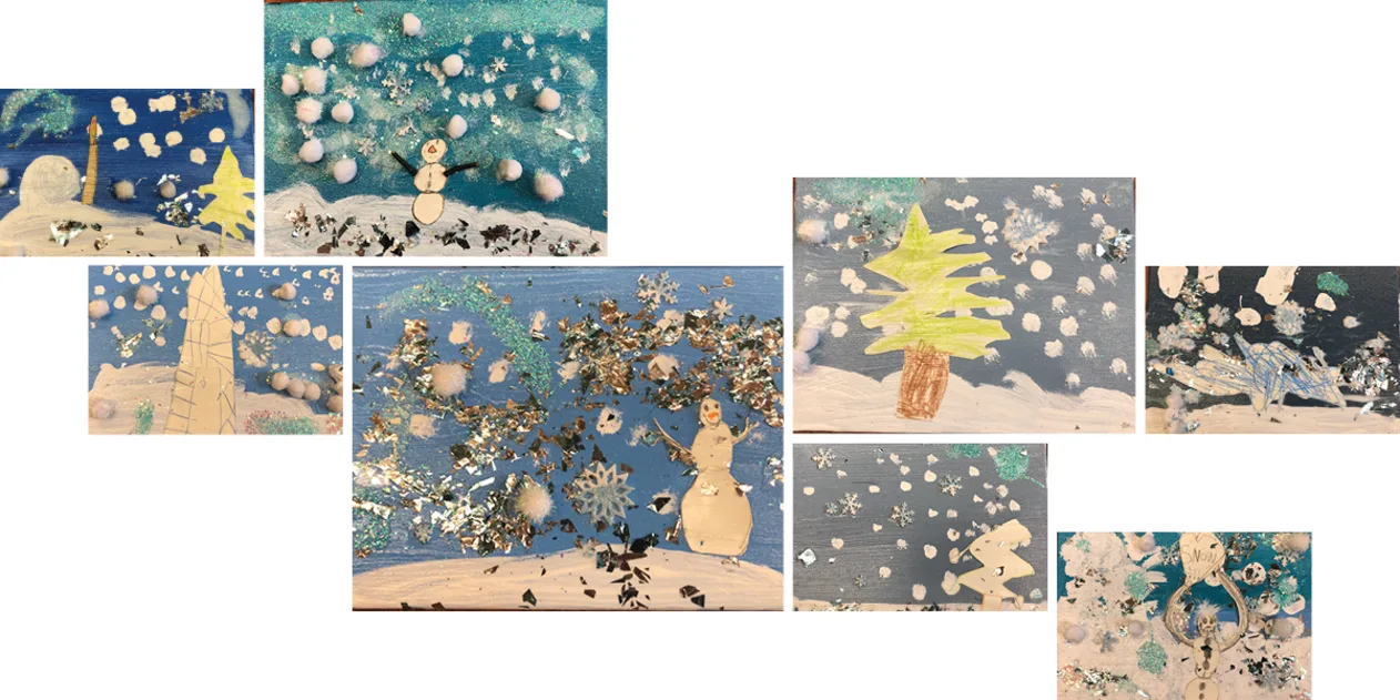 Collage of winter scenes with snow, trees, snowflakes, and snow figures on textured backgrounds in various blues and whites.