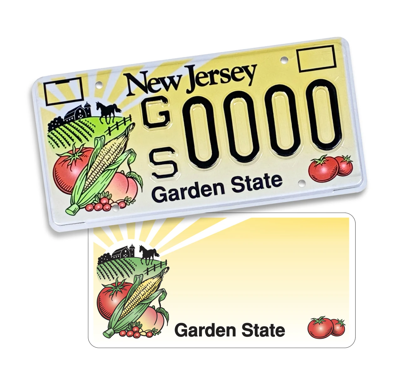 New Jersey license plate with farm graphics, corn, and tomatoes. Text reads "Garden State."