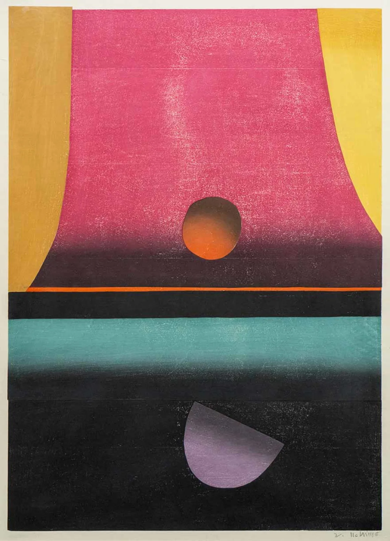 Abstract artwork with a large pink area, orange circle, black band, turquoise strip, and a purple semicircle on a black background.