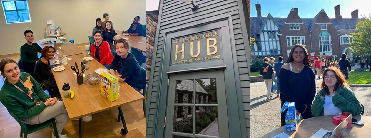 Group at a table with cereal and snacks; the entrance of a building labeled "HUB"; people outside by a large building.