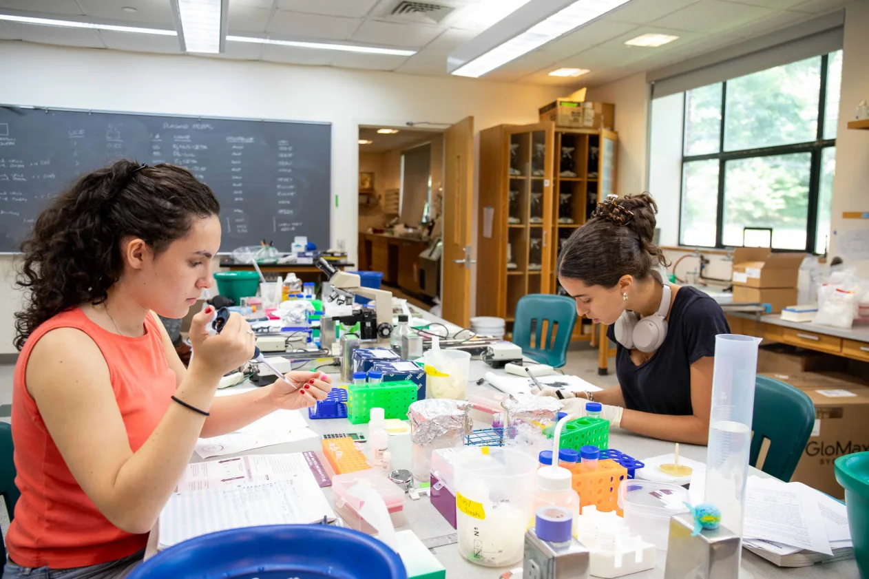 Two individuals work at a lab table filled with scientific equipment and papers. A chalkboard and windows are visible in the background.