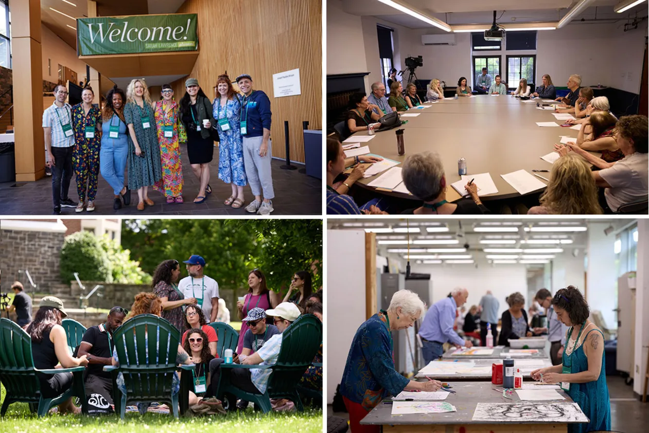 A collage of four images showing groups of people at a conference, engaging in activities indoors and outdoors, including discussions and art-making.