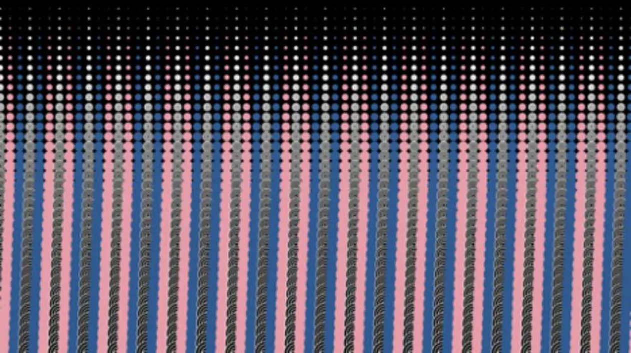 Pattern of vertical blue and pink stripes with small black dots arranged in a gradient from dense at the top to sparse at the bottom.