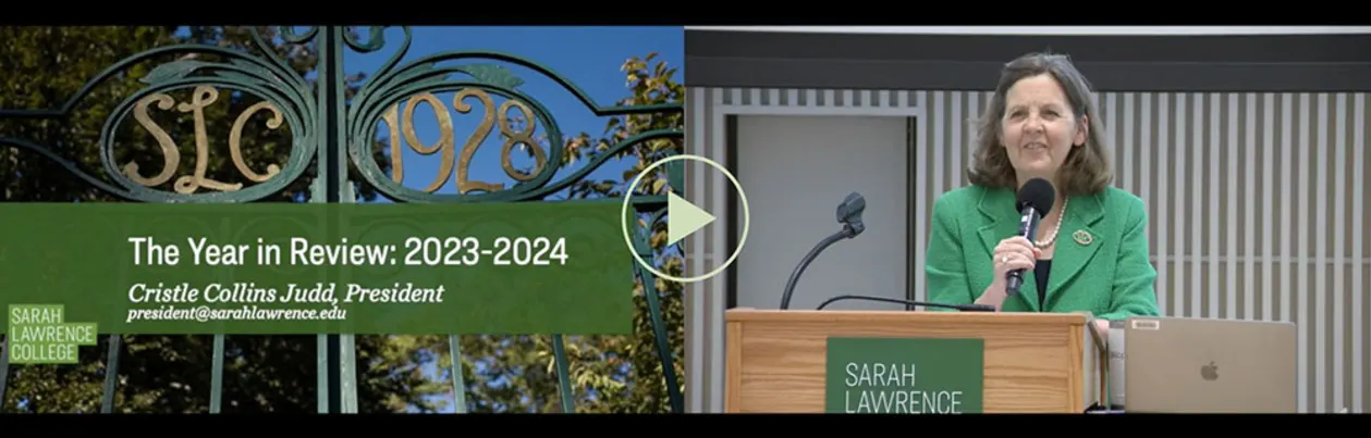 Decorative gate with "SLC 1928" text, video overlay. Person at podium with microphone, Sarah Lawrence College sign, presentation titled "The Year in Review: 2023-2024."
