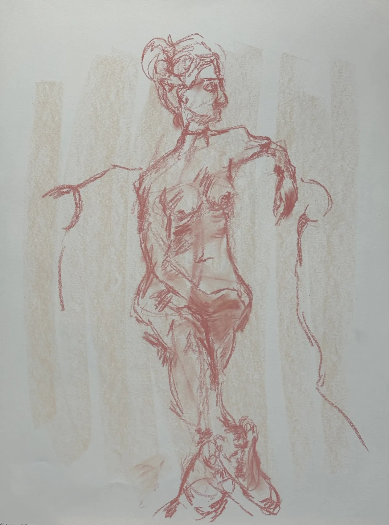 Figure sketch with a seated pose, drawn in red pastel on a white background with light shading.