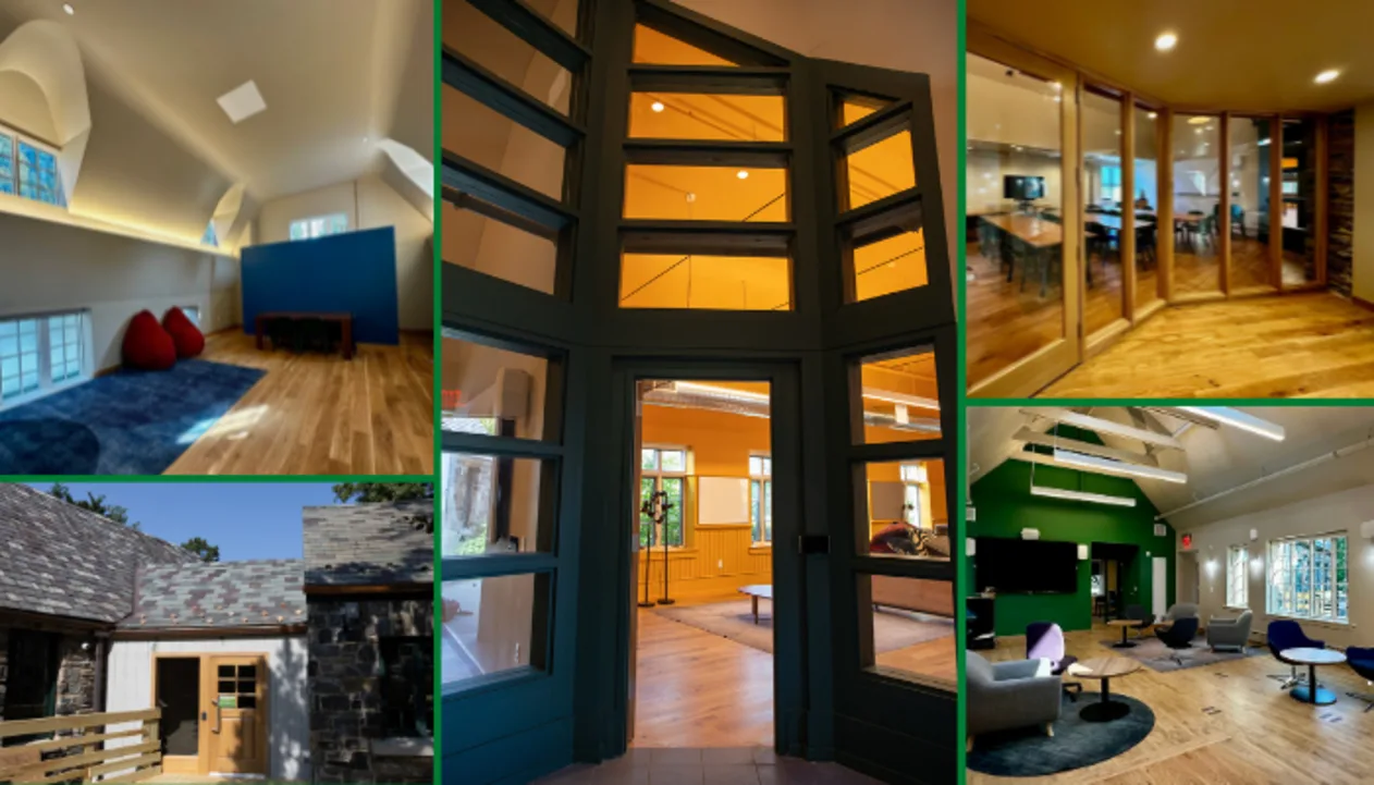 Collage of modern interior spaces with bright colors and natural light, featuring meeting areas, a large entrance, and an exterior view of a building.