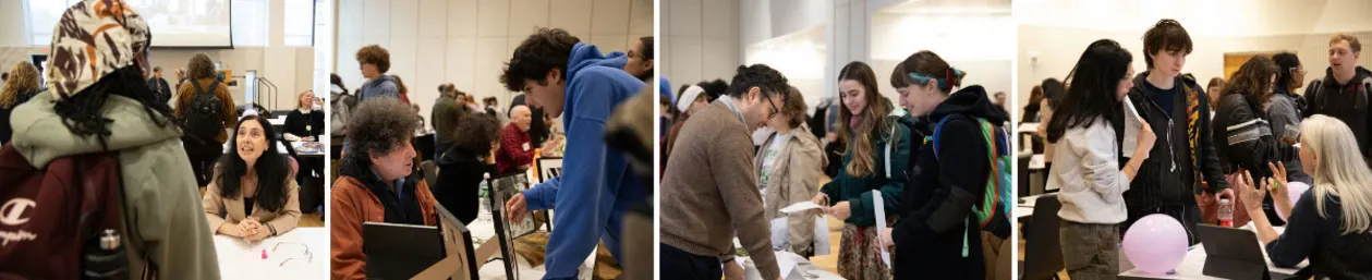 People interacting and engaging at various booths in a busy indoor event setting, some holding papers or talking with representatives.