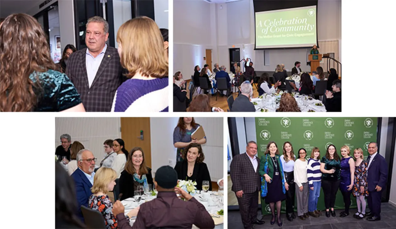 People at a community celebration, mingling, dining, and posing for group photos. A speaker presents at a podium in one scene.