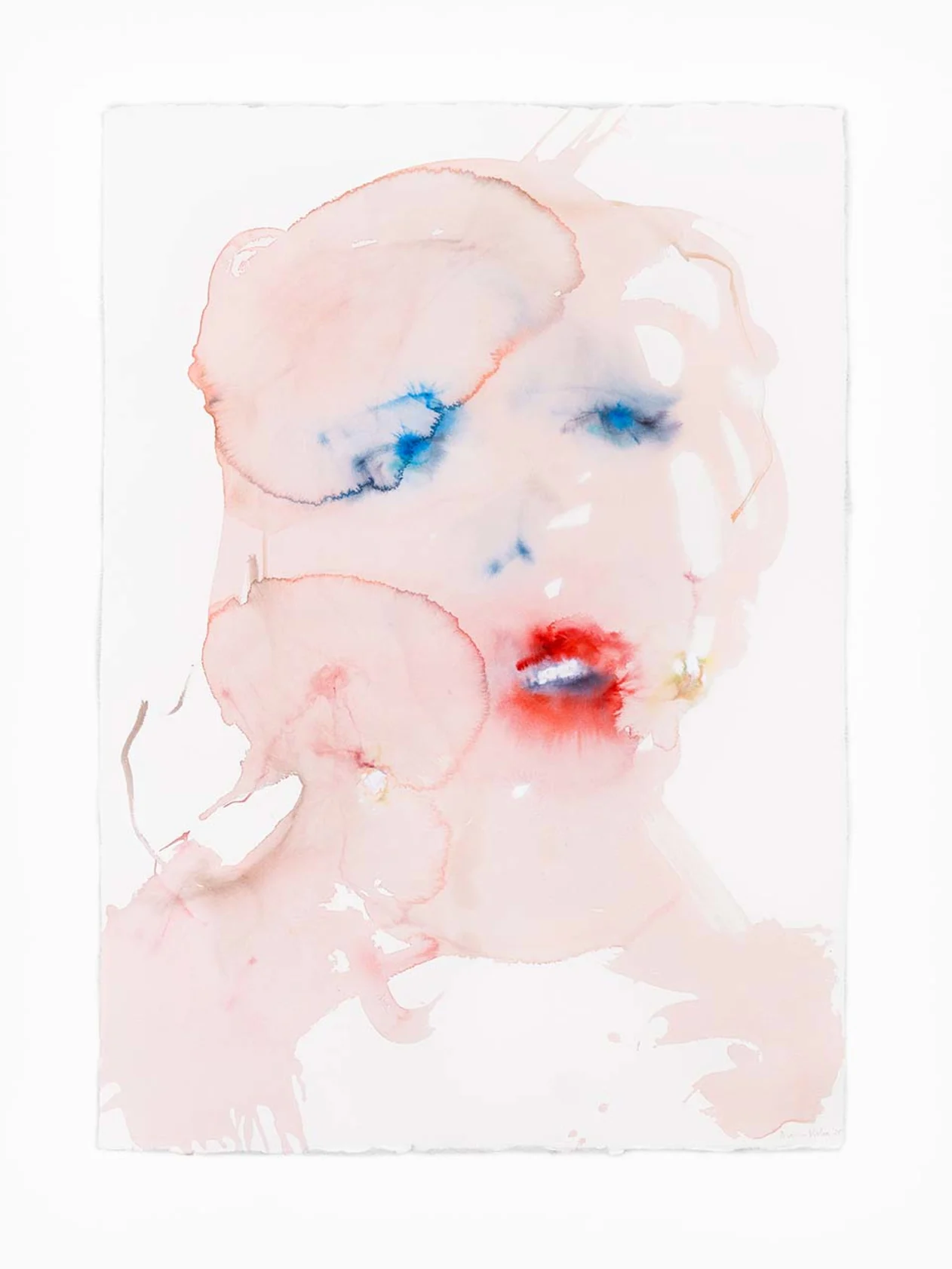Abstract watercolor of a face with soft pinks, blues, and reds blending into each other, creating a dreamy, ethereal effect.