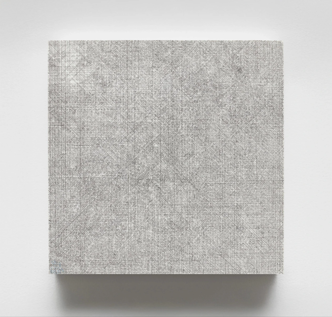 Abstract artwork with intricate, overlapping pencil lines forming a complex grid pattern on a square, textured canvas in grayscale.