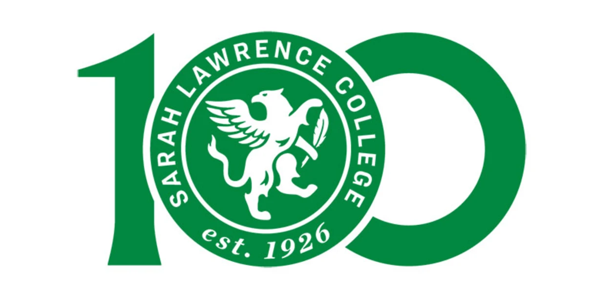 Green logo with the number "100" and "Sarah Lawrence College est. 1926" around a griffin in a circle.