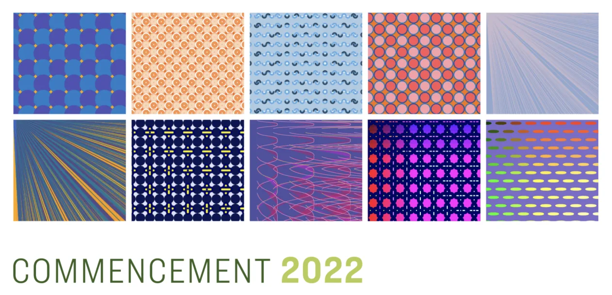 Ten colorful abstract patterns in a grid above the text "Commencement 2022" in green and black.