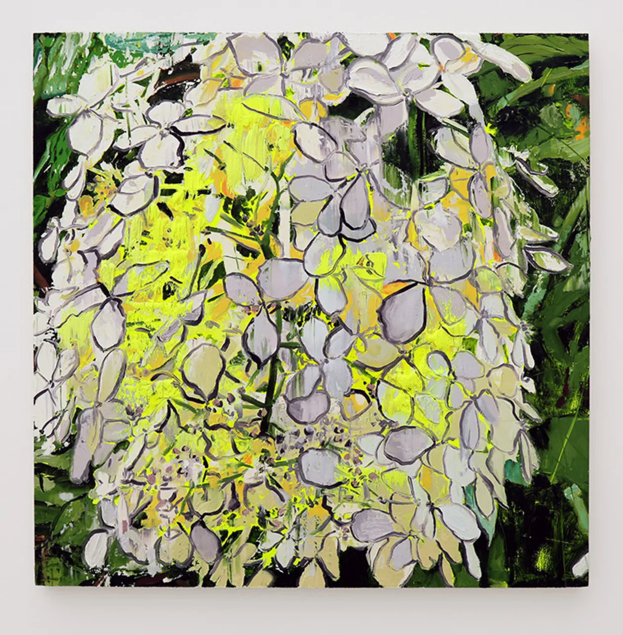 Abstract painting of clustered white and pale purple flowers with vibrant green and yellow background.