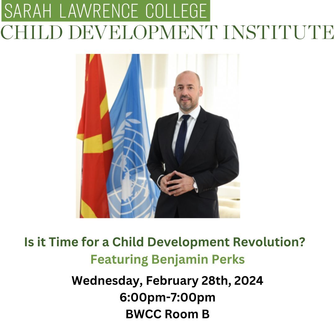 Event poster for a child development talk at Sarah Lawrence College, featuring a speaker, date, and location.