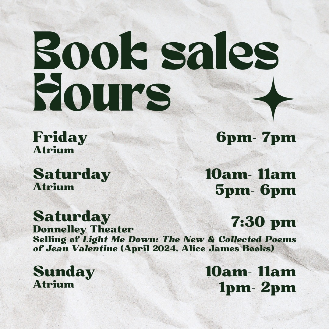 Poster with book sales hours listed for Friday to Sunday on a wrinkled paper background.