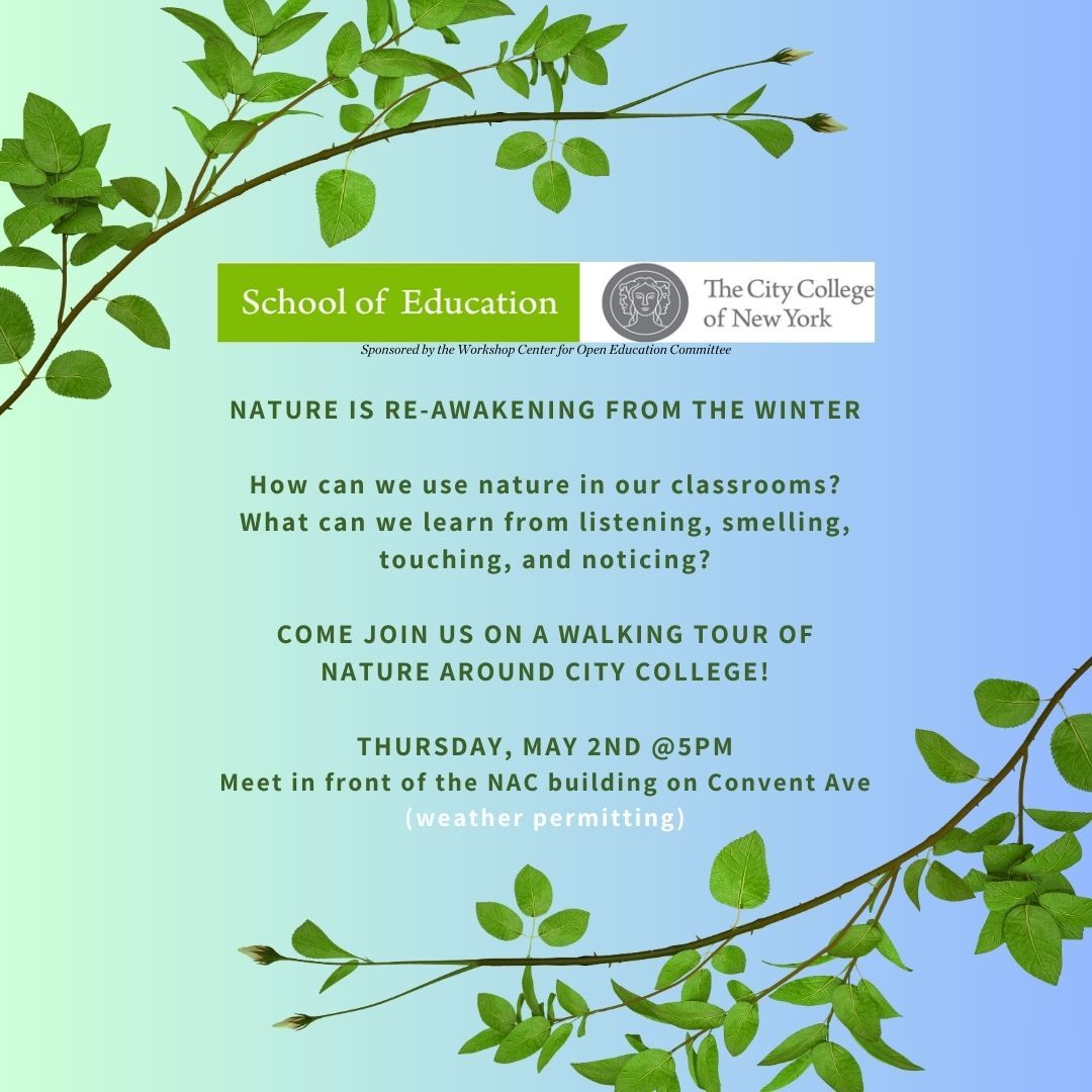 Invitation to a nature-themed walking tour at City College with leafy branch.