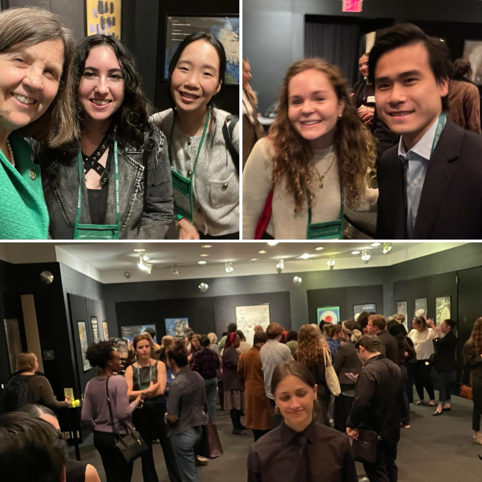 Collage of two photos showing people smiling at an art gallery event.