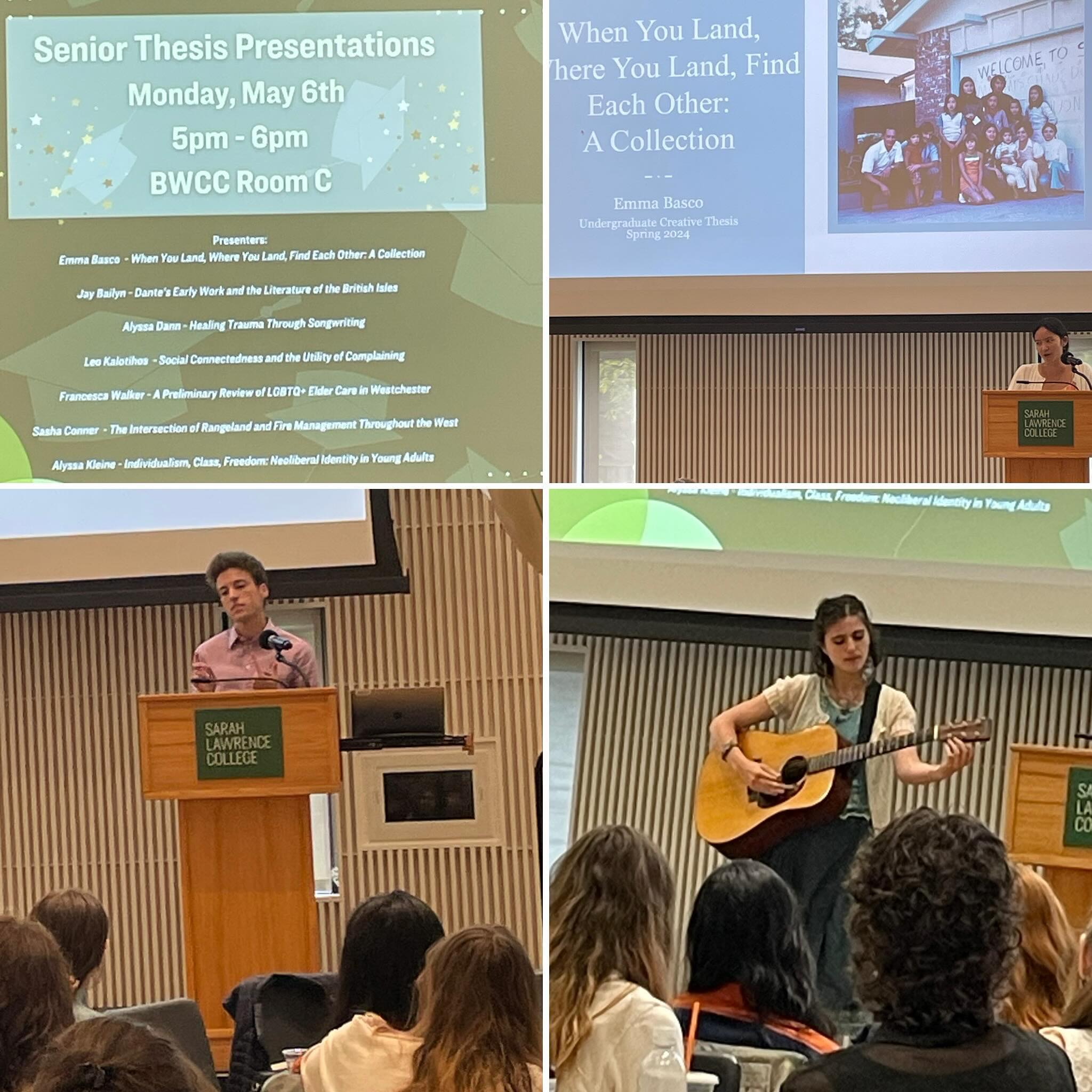 Collage of three academic presentations with audience members and a poster listing topics.