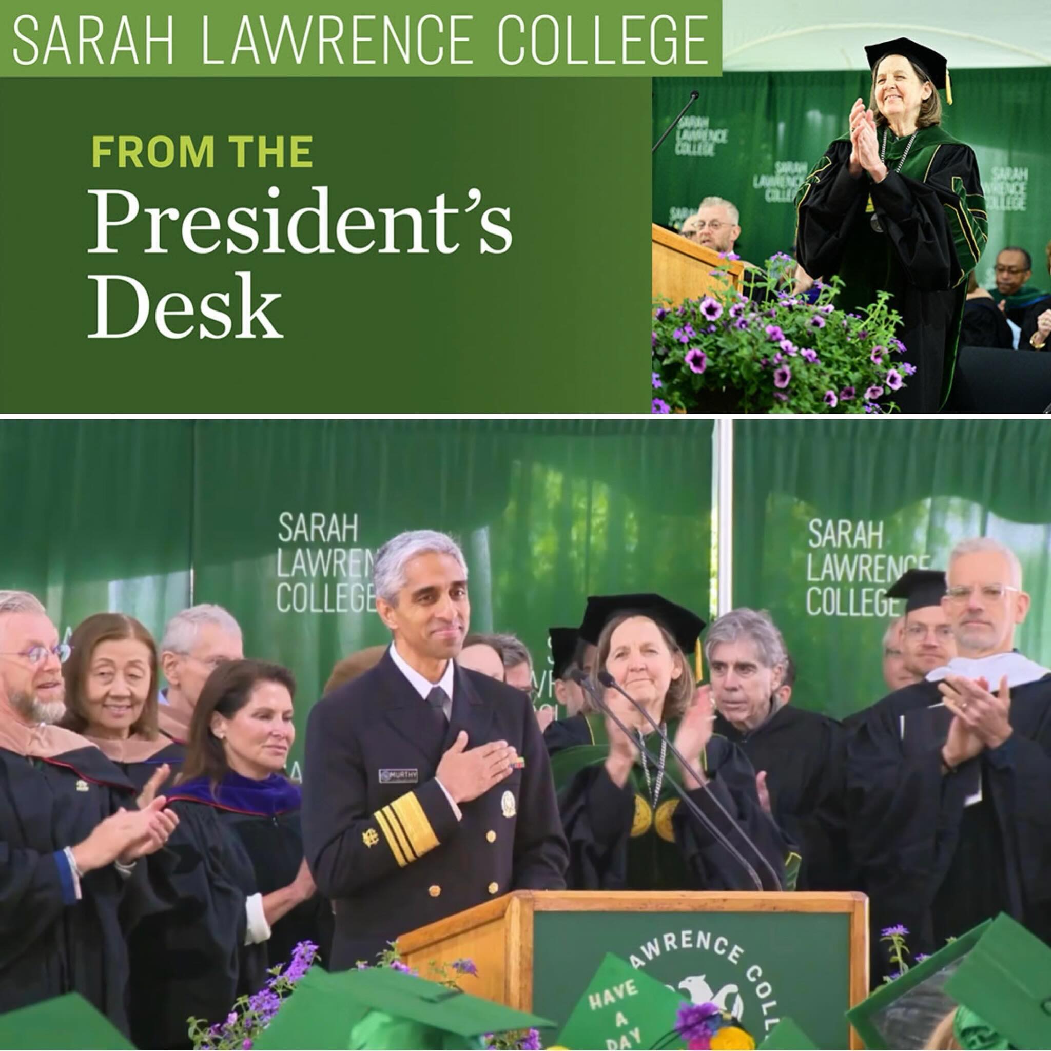 Collage with individuals in academic regalia at a college event.