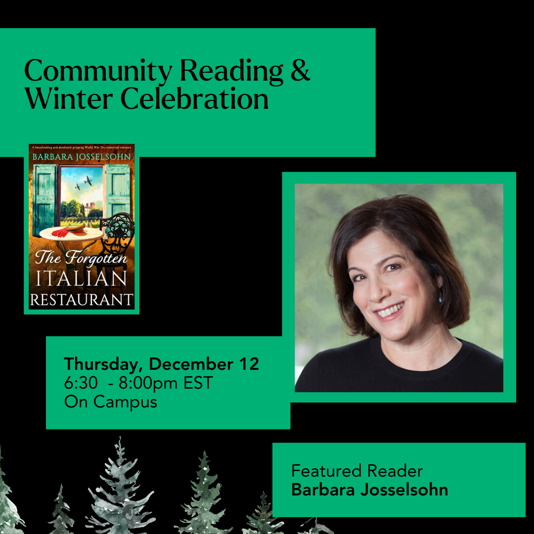 Community Reading & Winter Celebration poster featuring Barbara Josselsohn and book cover. Event on December 12 at 6:30pm EST, on campus.