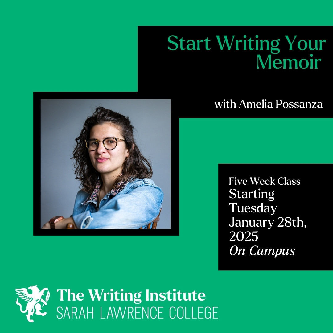 Person in glasses wearing a denim jacket. Text: "Start Writing Your Memoir" with details of a five-week class at Sarah Lawrence College starting January 28, 2025.