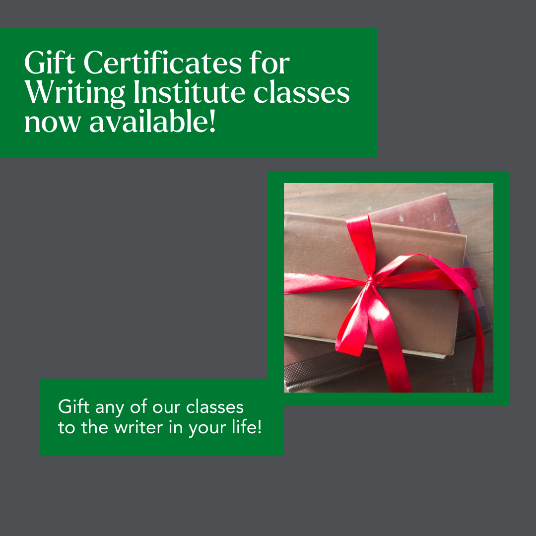 Gift certificates for Writing Institute classes are now available. Image shows books tied with a red ribbon.