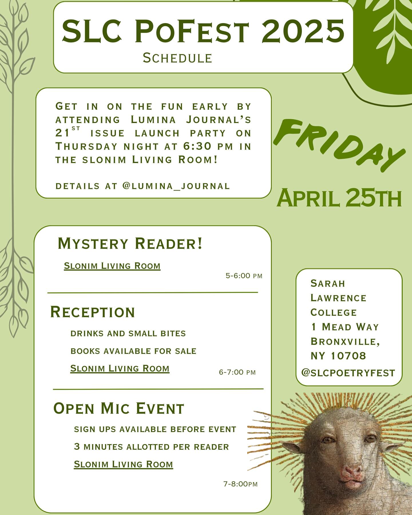 SLC PoFest 2025 schedule with event details, such as a mystery reader, reception, and open mic, with a sheep illustration on light green background.