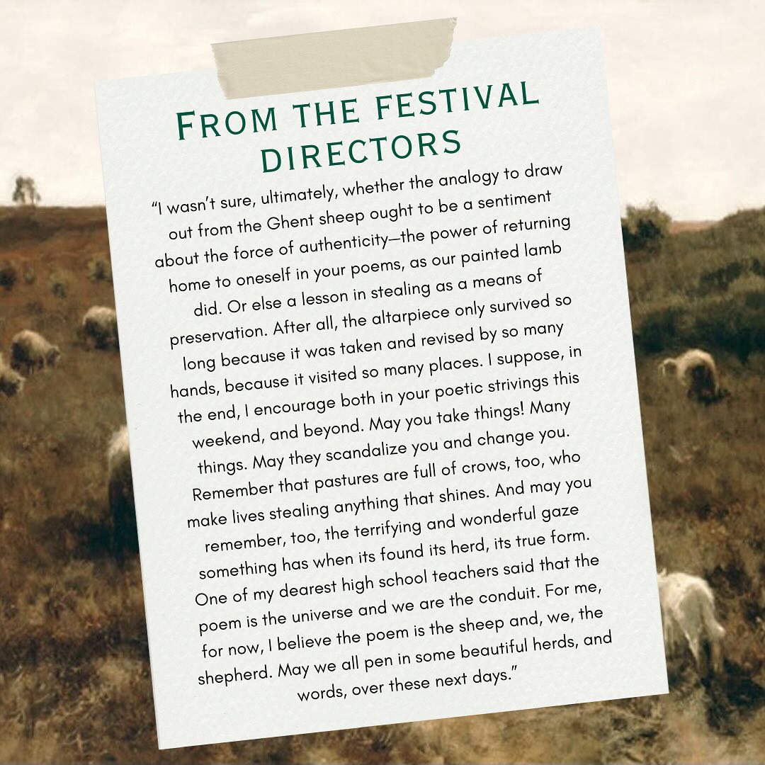 A note from the festival directors is overlaid on a pastoral scene with sheep in a field, discussing themes of authenticity and creativity.