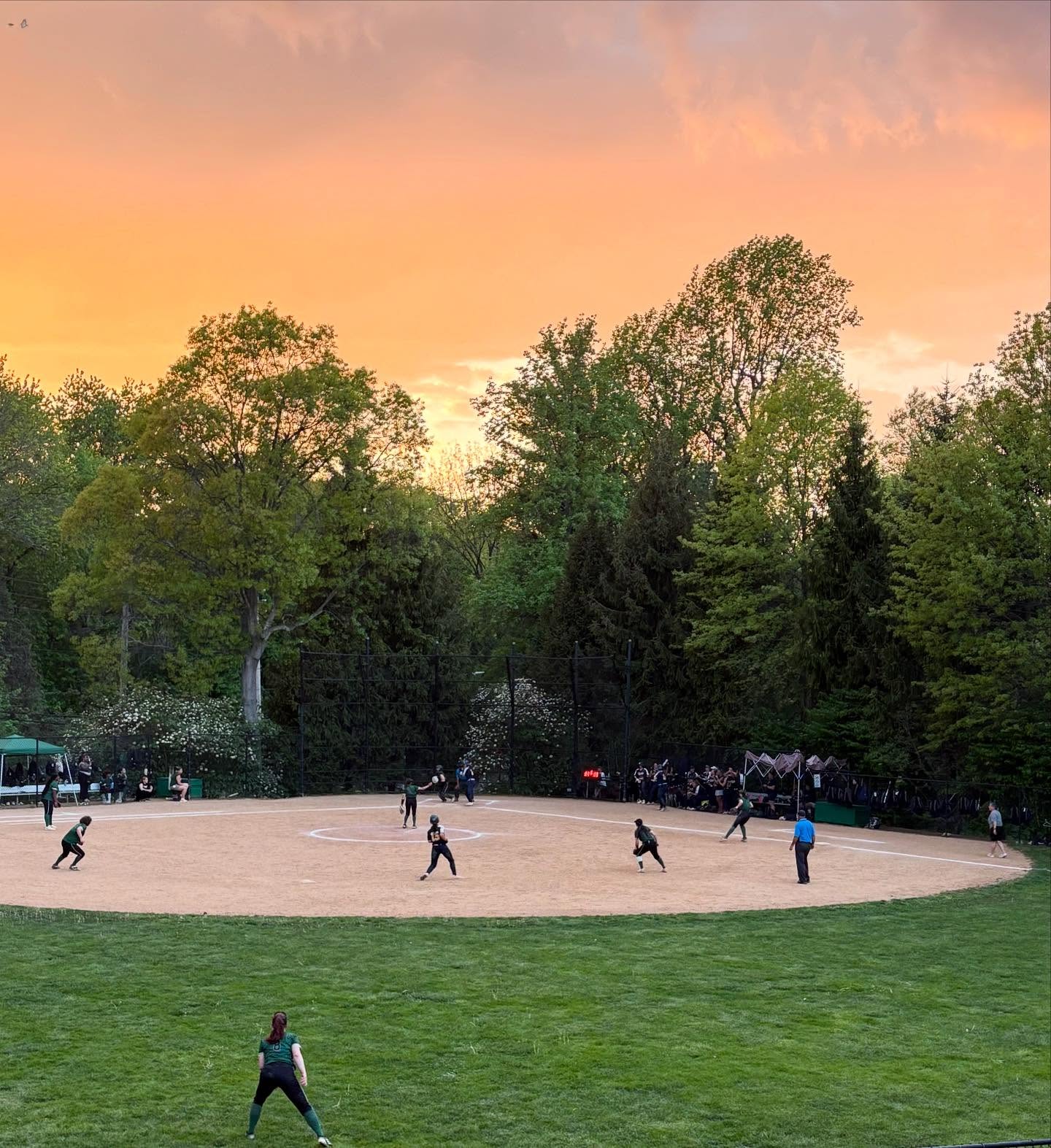 Players on a softball field at sunset, surrounded by trees, with an orange sky in the background.