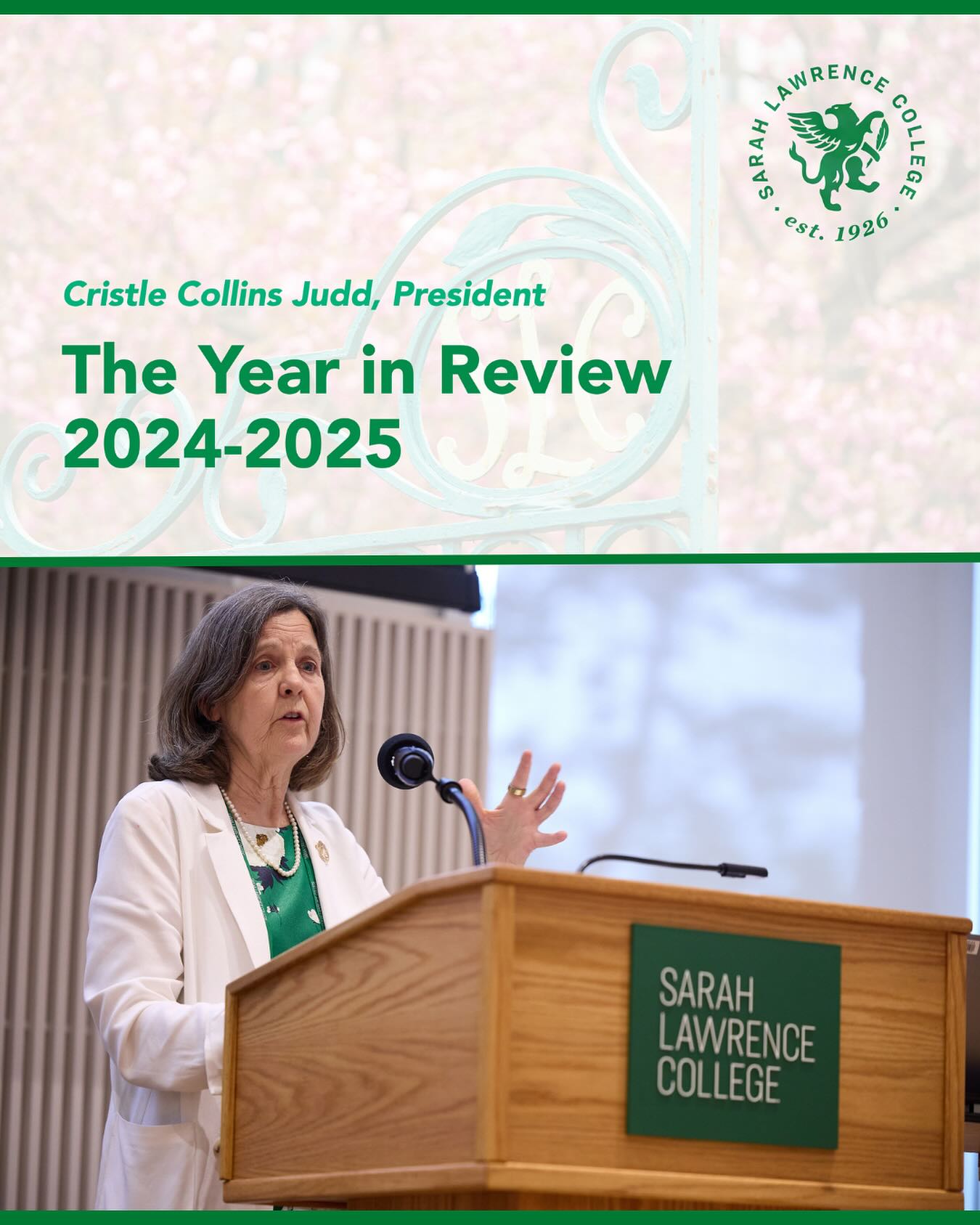 Person speaking at a podium with Sarah Lawrence College sign, under &quot;The Year in Review 2024-2025&quot; title and decorative college logo.