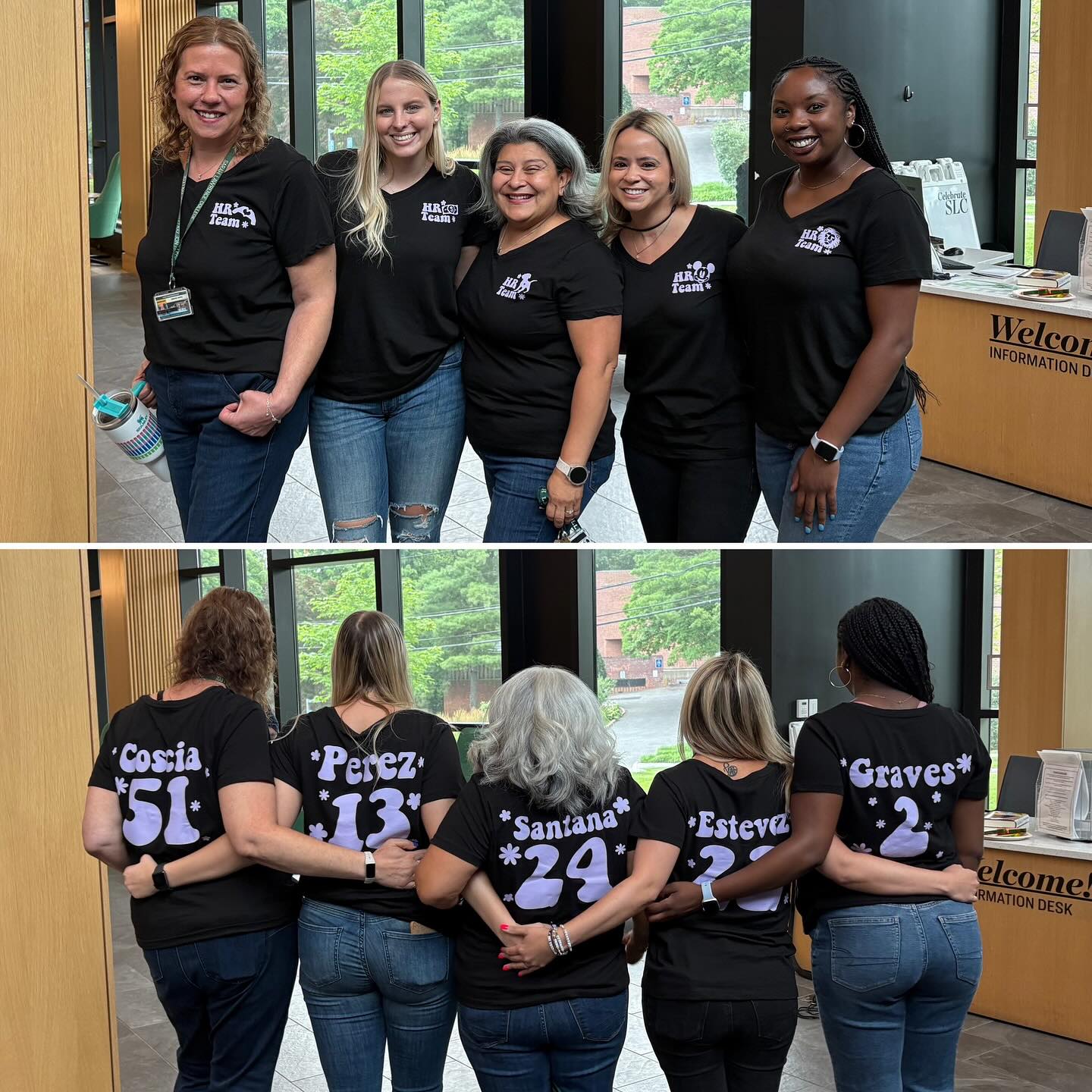 Five people wearing matching black shirts with names and numbers, standing arm in arm, both facing the camera and showing shirt backs.