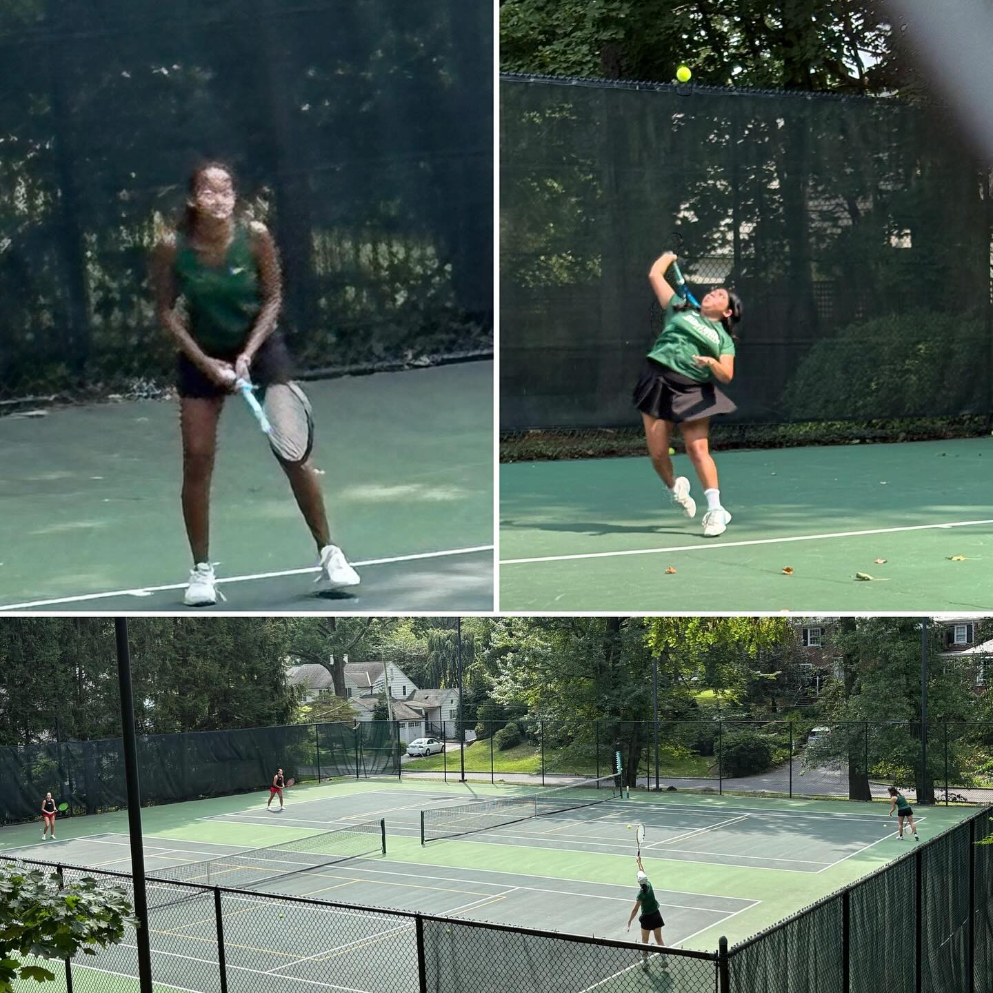 Collage showing tennis players on a green court. One prepares to swing, another serves, and the bottom image shows the full court from above.