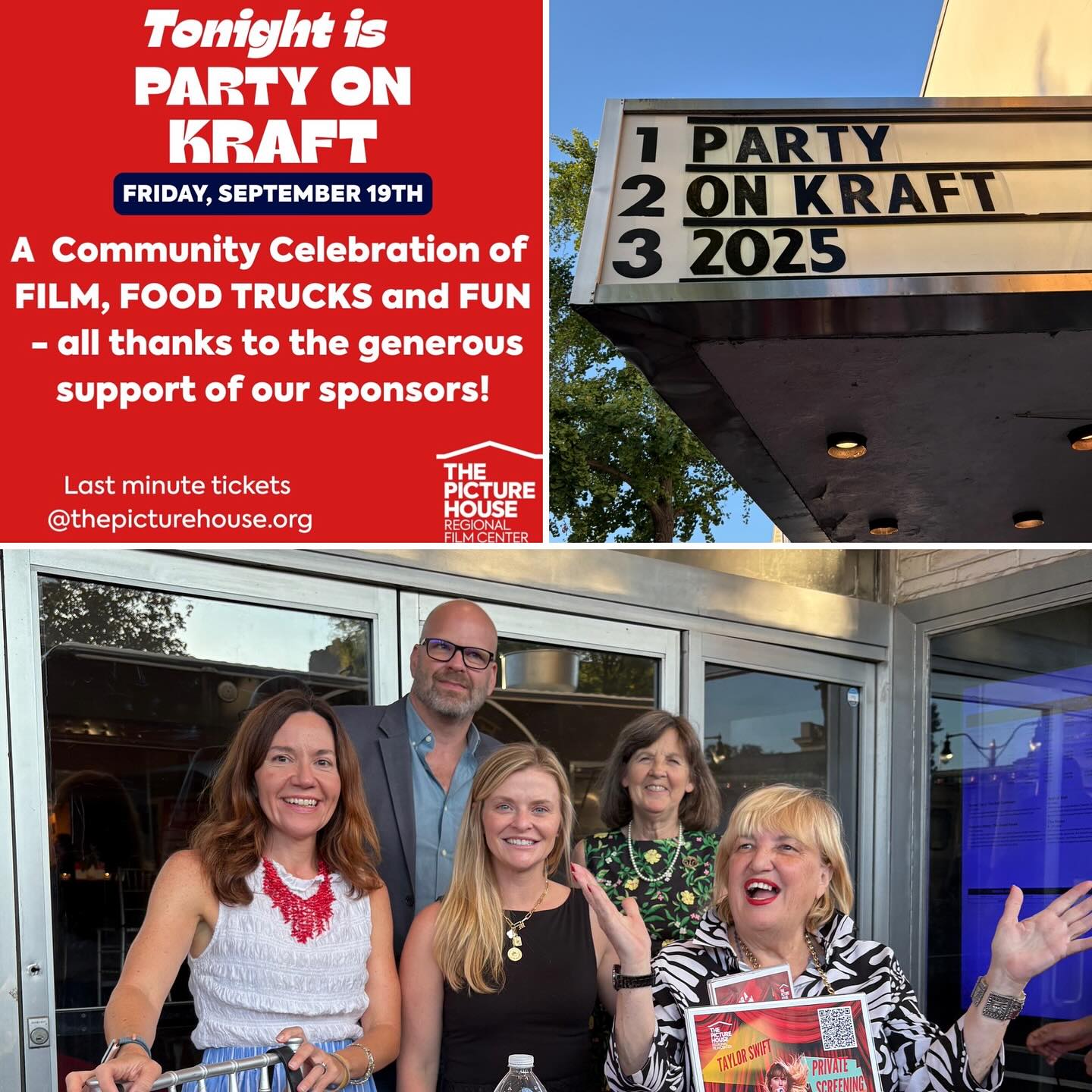 Event poster for &quot;Party on Kraft&quot; with marquee and a group of five people smiling outside a theater.