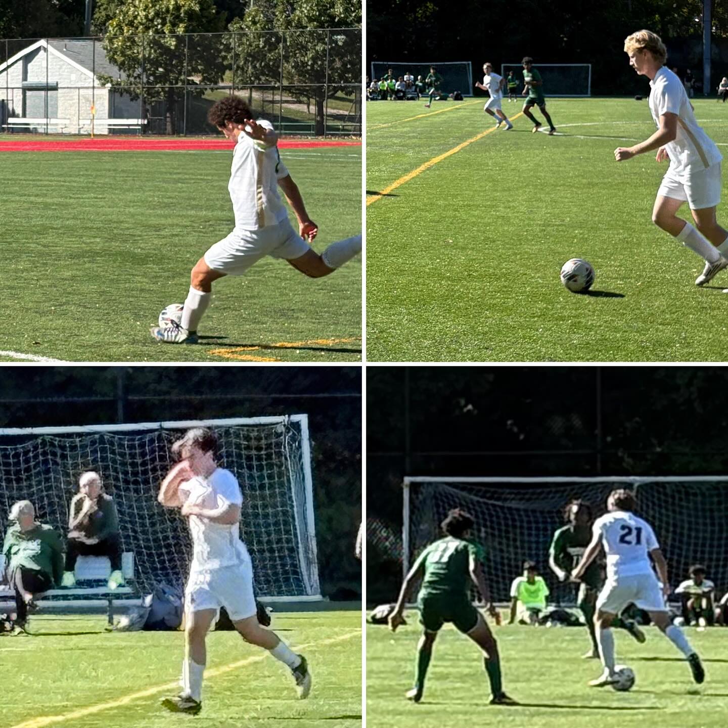 Four soccer action shots showing players in white and green uniforms on a grass field during a match.