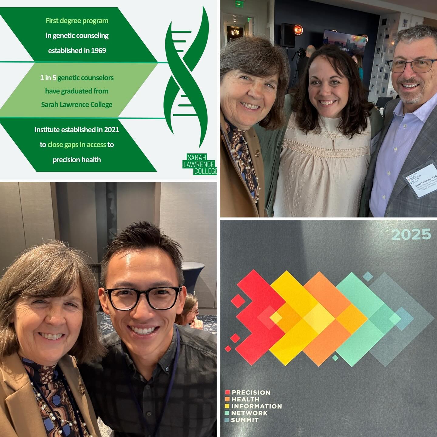 Collage of four images: infographic on genetic counseling, three people smiling, two people posing, and colorful geometric design with "2025".
