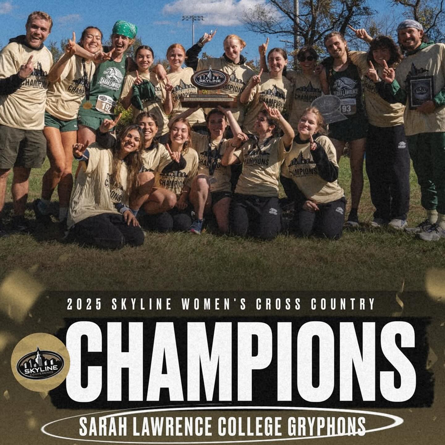 Team members in matching shirts celebrate on a field with a trophy and a banner reading "Champions Sarah Lawrence College Gryphons."