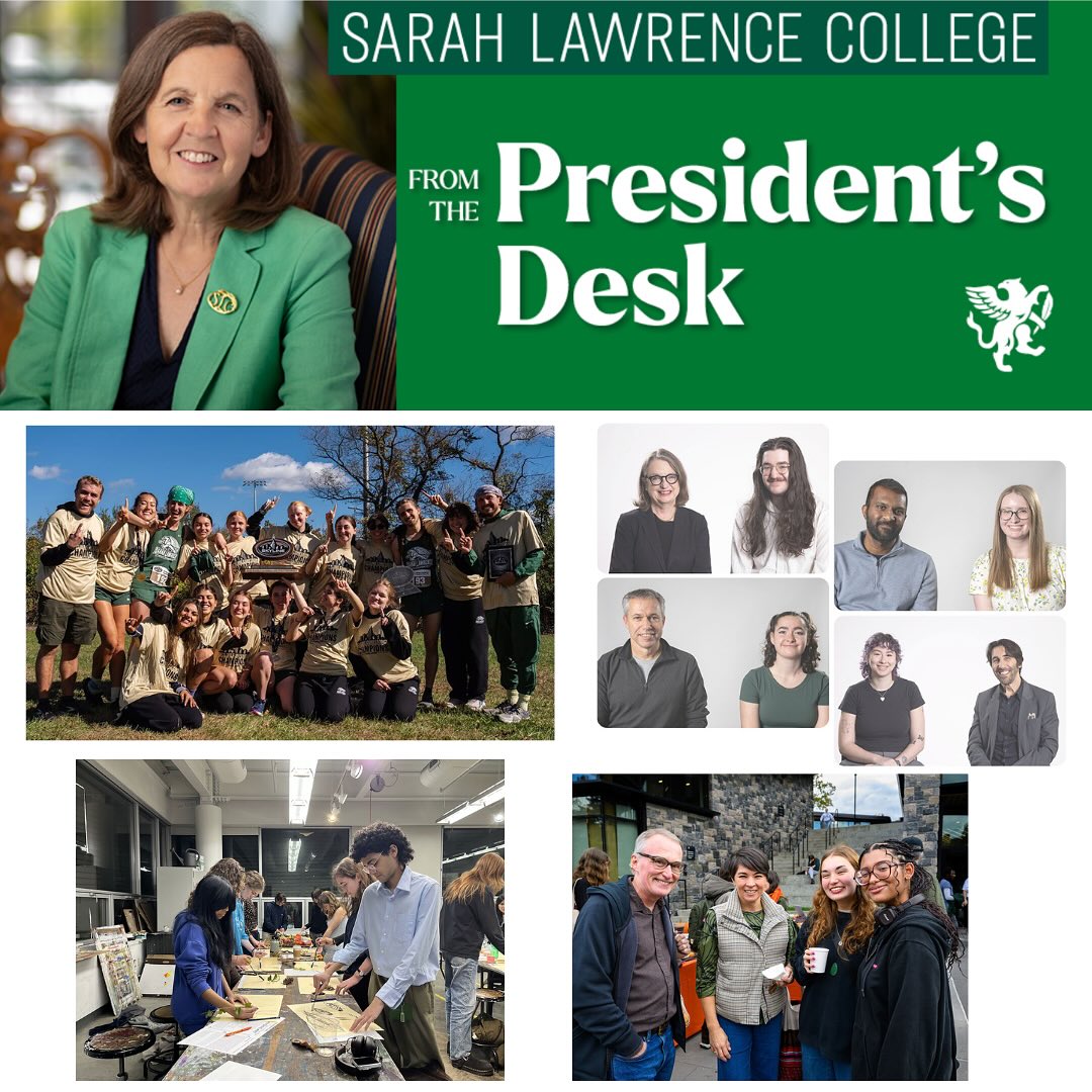 Collage of a person in a green blazer, sports team, staff photos, an art class, and a group of people outside a building.