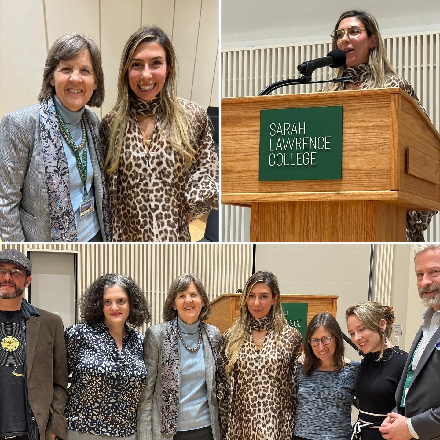 Collage: People standing together, one at a podium speaking, &quot;Sarah Lawrence College&quot; sign visible, various outfits and backgrounds.