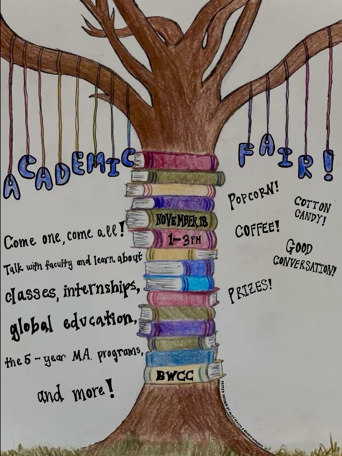 Tree with books as trunk and branches. Text reads &quot;Academic Fair, November 18, 1-3 PM&quot; with details on activities, prizes, and refreshments.