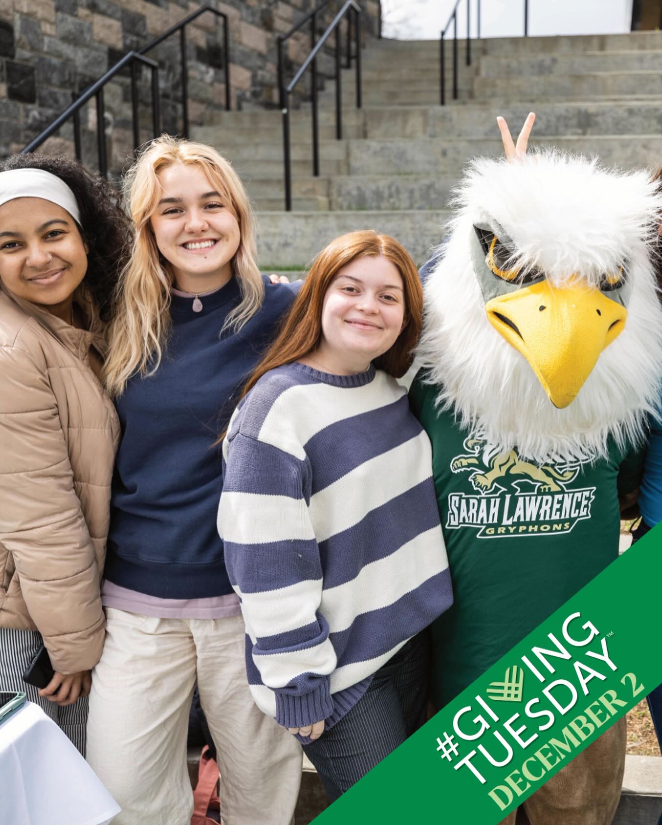 Four people smiling outdoors, one wearing a Gryphon mascot costume. A green banner reads &quot;#GivingTuesday December 2.&quot;
