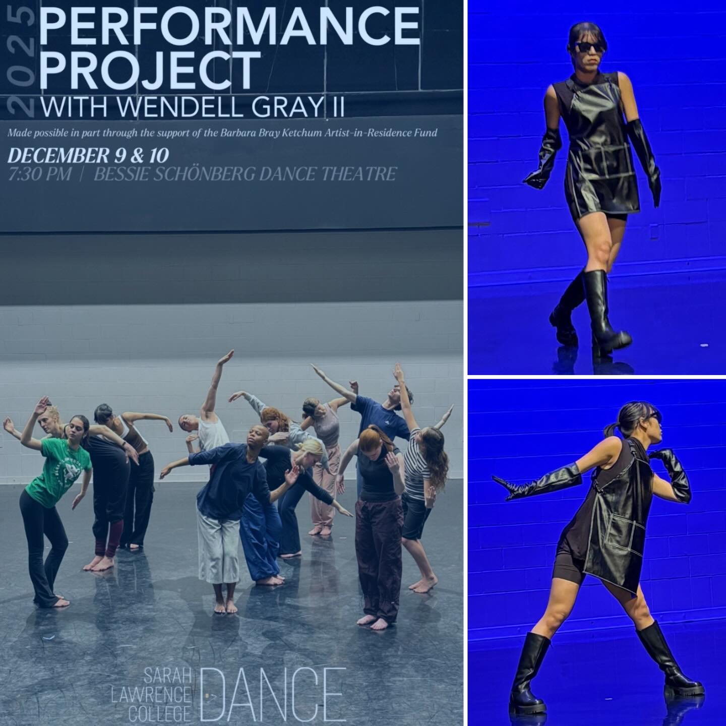 Collage of dancers; group rehearsal in studio, individual in black outfit performing on stage with blue background. Event details included.