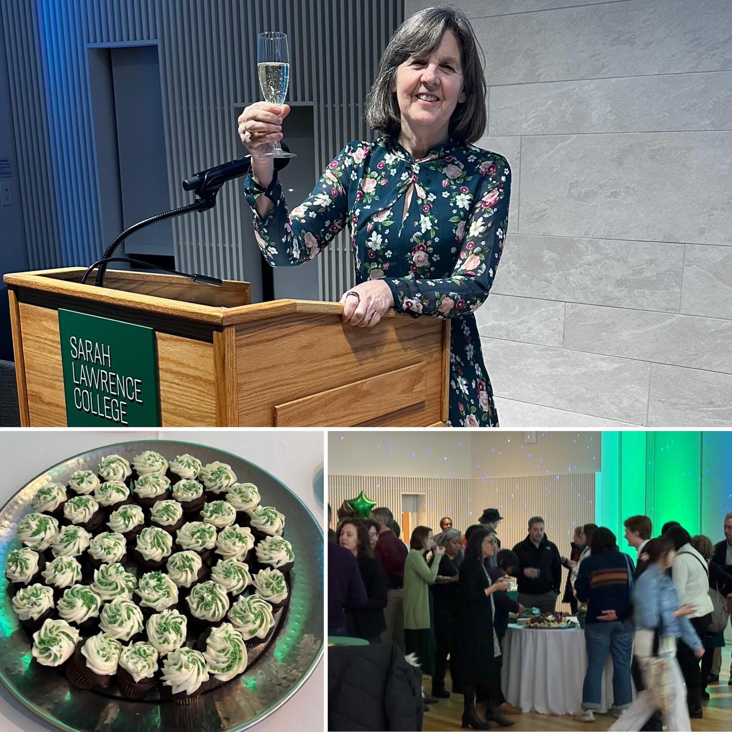 Person at podium raising a glass, large plate of cupcakes, and a group gathered around a table at Sarah Lawrence College.