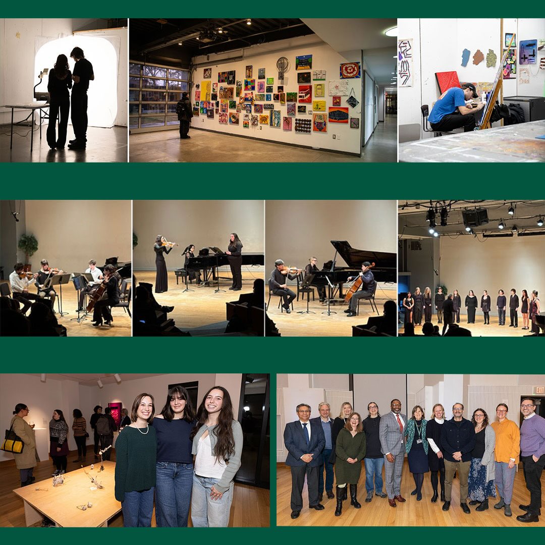 Collage of art creation, exhibition, and performances, featuring musicians, a choir, and groups posing at events.