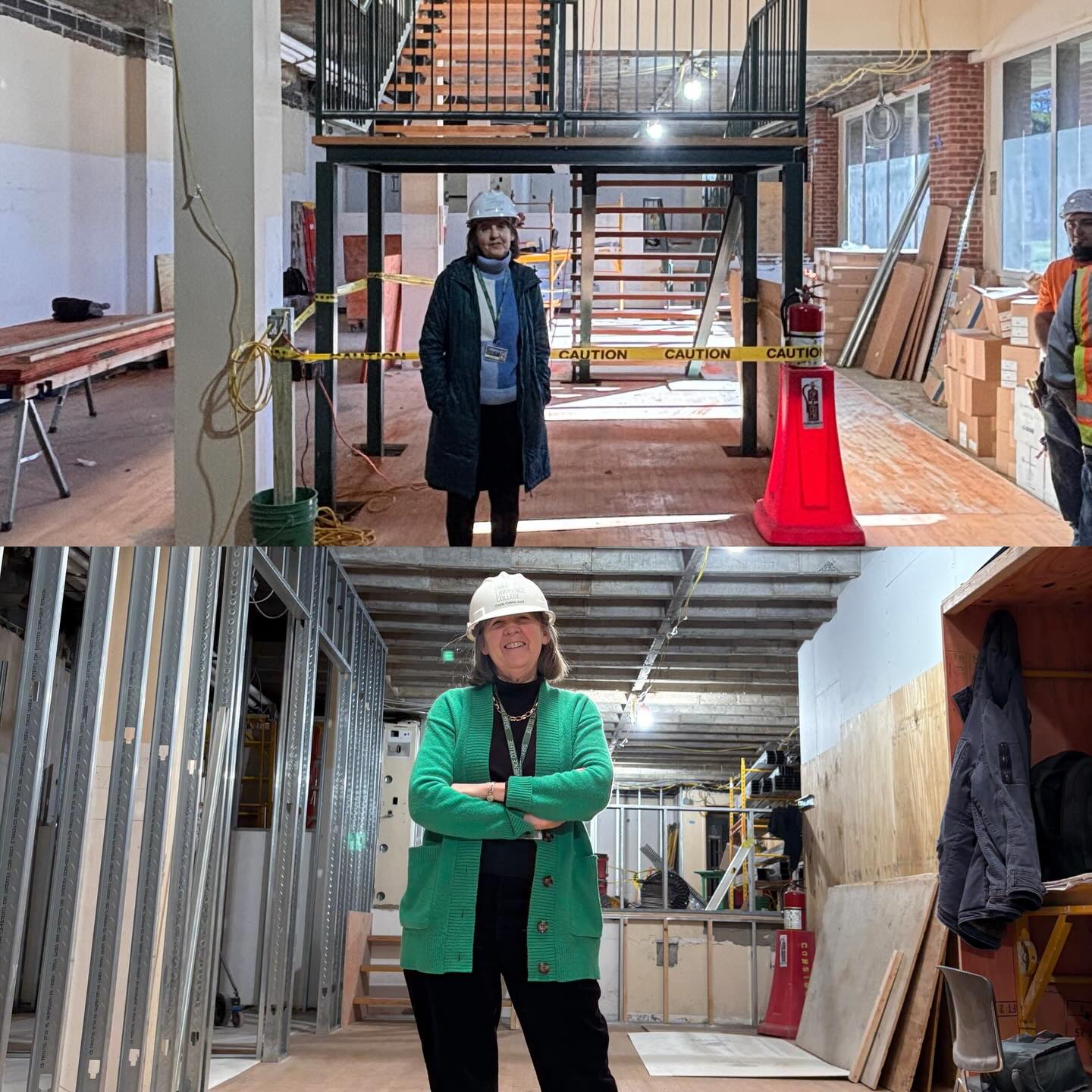 Two images of a person wearing a hard hat in a building under construction. In the top image, standing by stairs; in the bottom, crossing arms confidently.