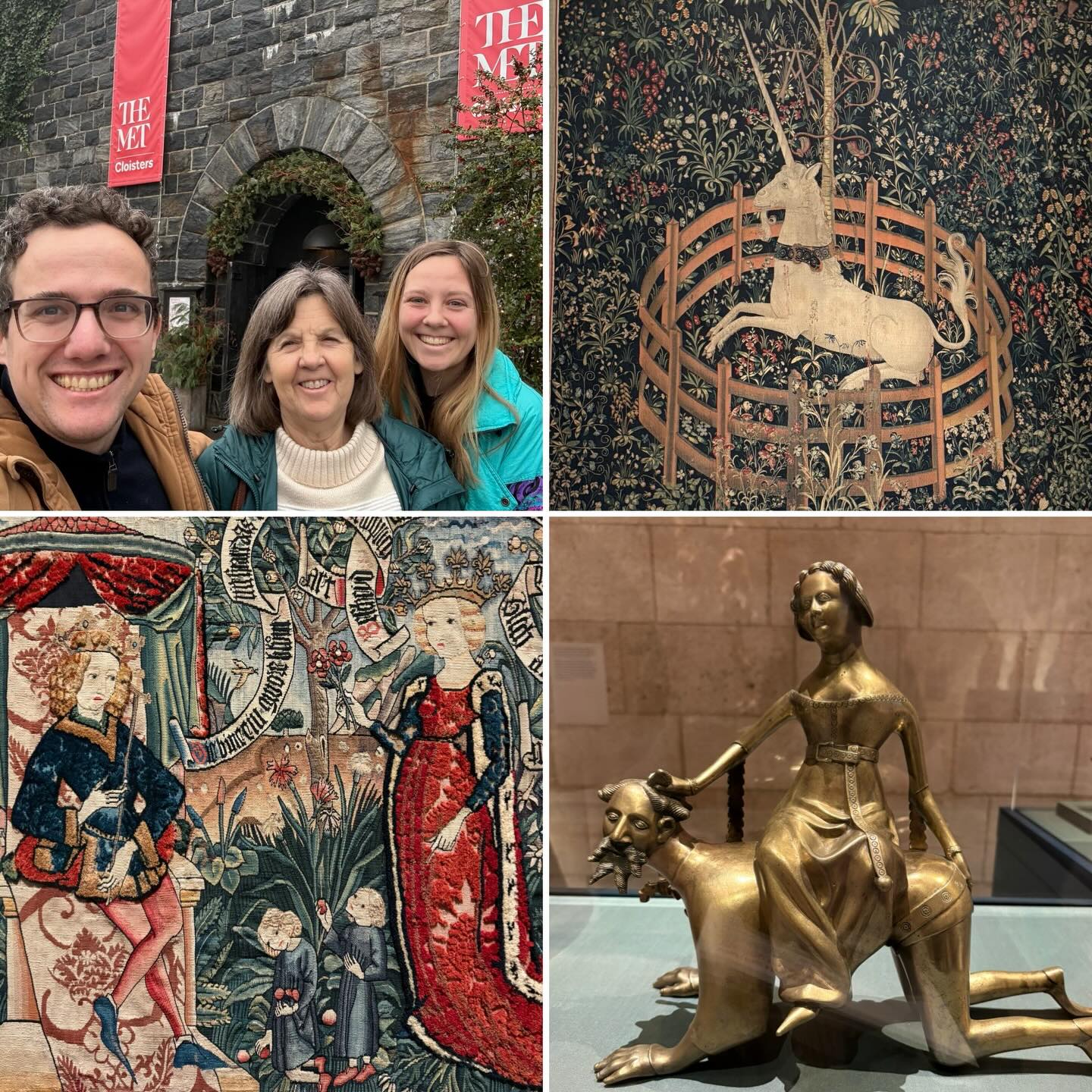 Collage of three people outside The Met and images of medieval art: a unicorn tapestry, a tapestry with figures, and a bronze sculpture.